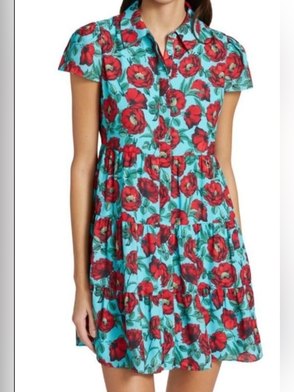 Alice + Olivia Aqua Tiered Shirt Dress with Red Floral Print